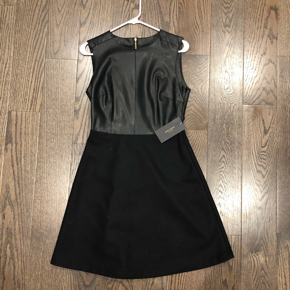 Zara Basics Faux Leather and Wool Skater Dress
